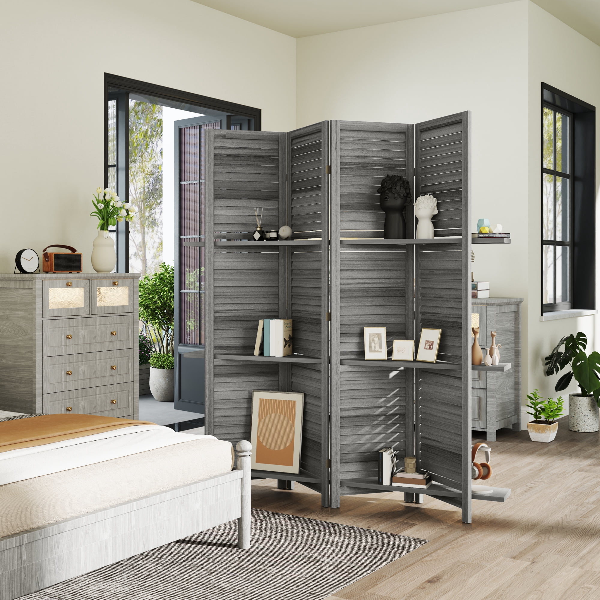 HOMCOM 4 Panel Privacy Screen, Room Divider with 3 Shelves Distressed White