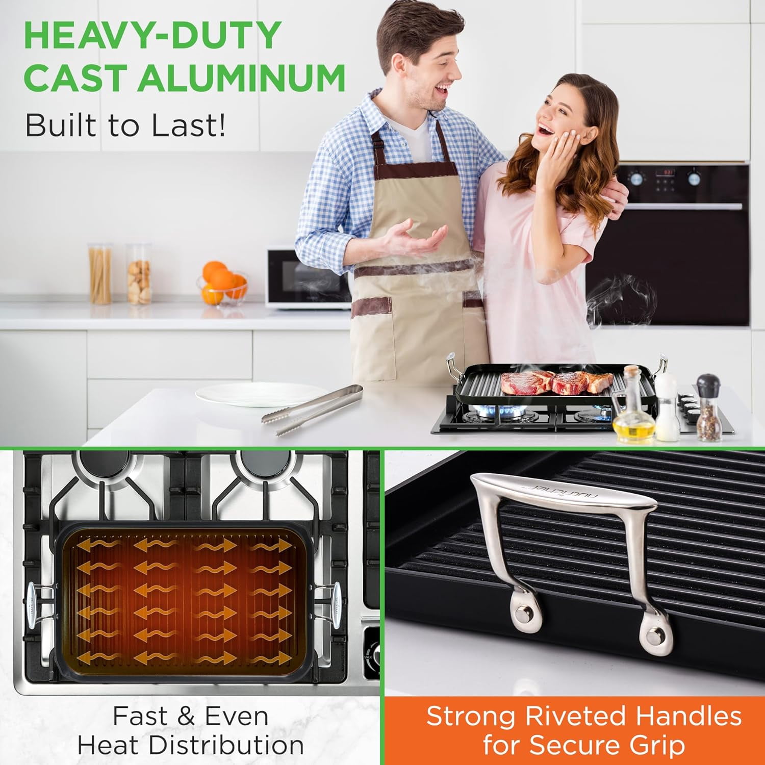 Nonstick Stove Top Grill Pan Need two Burners 20" & 13" Hard-Anodized Non stick Grill & Griddle Pan - Kitchen Cookware ,High Ridges, Strong Riveted Handles, Cool Touch Handles
