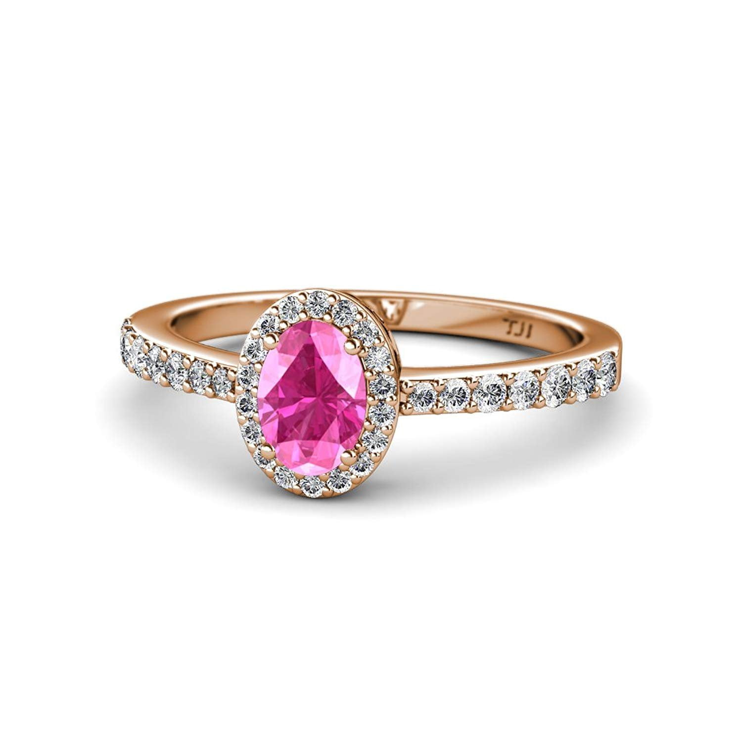 Oval 7x5mm Pink Sapphire and Diamond Halo Engagement Ring 1.43 Carat tw in 14K Rose Gold.size 7.25 by TriJewels