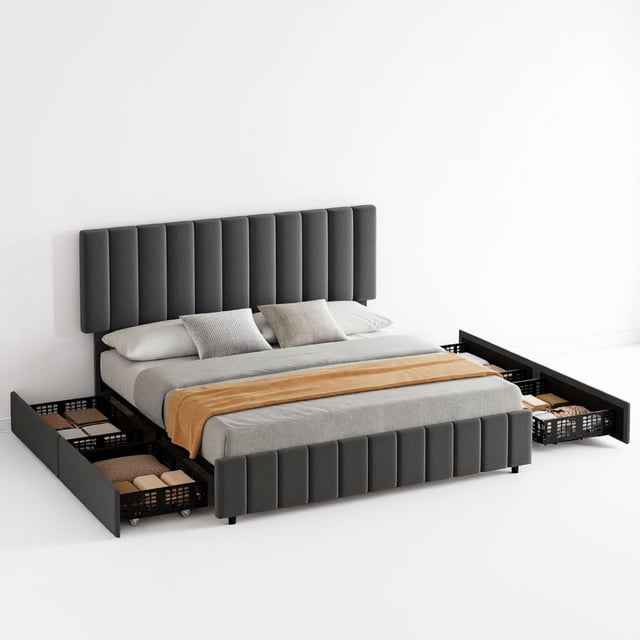 Garvee Lit Plateforme en Métal Format Grand avec 4 Tiroirs de Rangement et Tête de Lit, Rembourré en Lin, Gris