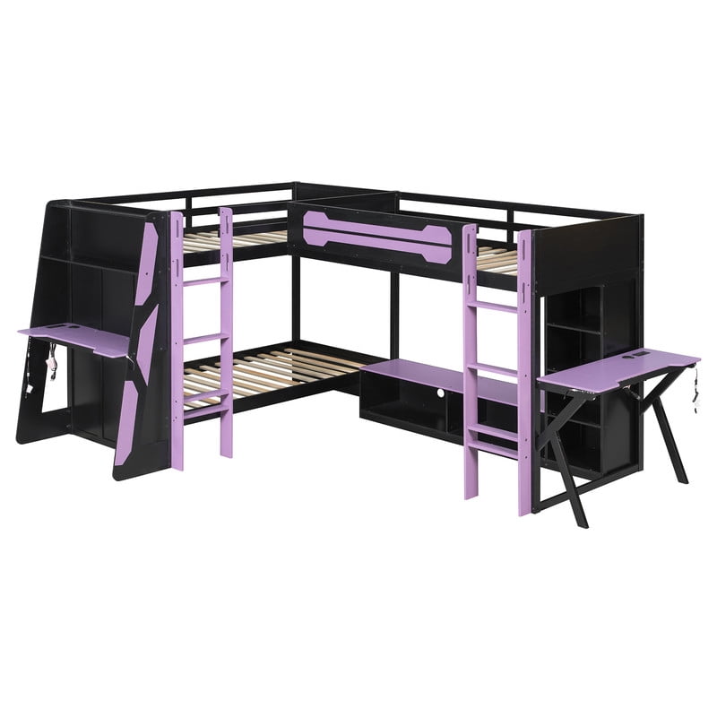 L-Shaped Twin Size Gaming Bunk Bed with RGB LED Lights, 3 Twin Beds, USB Ports, TV Stand & Storage Shelves, Reversible Wooden Bunk Bed Frame for Teens & Adults