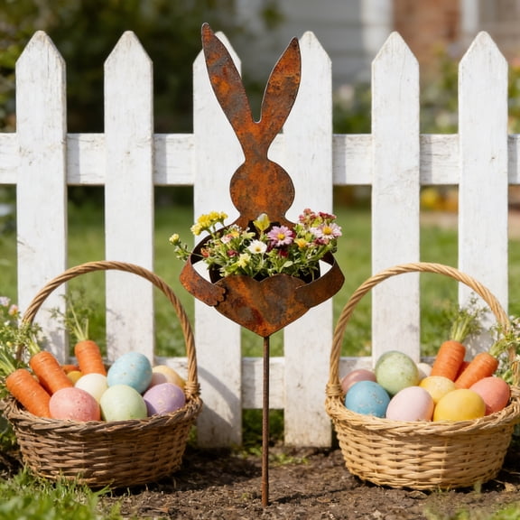 32" Easter Vintage Metal Rabbit Shaped Planter Garden Stake, Rustic Patina Finish Bunny Decor For Outdoor Garden Yard, Decorative Stake For Small Flowers Succulents Spring Displays