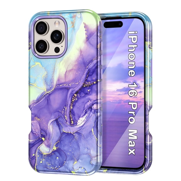 CASEFIV for iPhone 16 Pro Max Case,Marble Pattern 3 in 1 Heavy Duty Shockproof Rugged Hard PC Soft Silicone Drop Protective Girls Women Cover,Light Purple