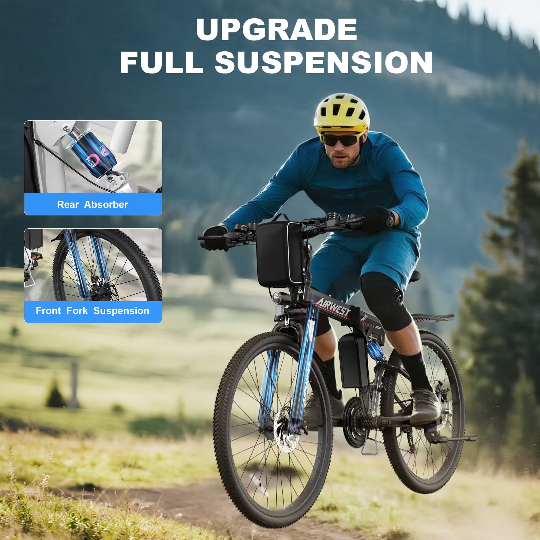 AIRWEST Electric Bike - 26'' Adult E Bike, Peak 750W 20MPH Electric Mountain bike with 48V7.8AH Removable Battery with Fork Suspension and Dual Disc Brakes, UL2849