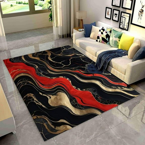 Abstract Black Red Marble Area Rug, Luxury Black Gold Stone Texture Bedroom Rug, Soft Breathable Rugs For Home Interior Decorative, Non Slip Washable Rug For Indoor Living Room 2x3ft