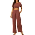 thumbnail image 2 of INSPIRE CHIC Ensemble 2 Pcs pour Femmes Manches Courtes Torsadées devant Pantalon Grand Ensemble de Détente Rouge Brique TP, 2 of 5