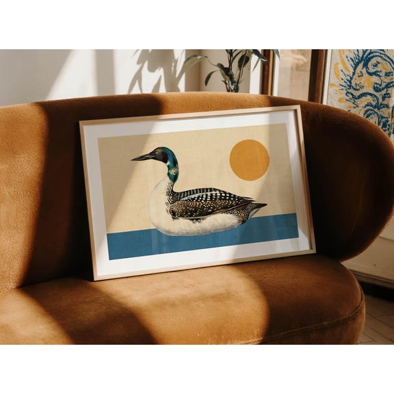 Retro Loon Print Rustic Outdoors Art, Lake House Decor, Stretched Canvas 12x16in