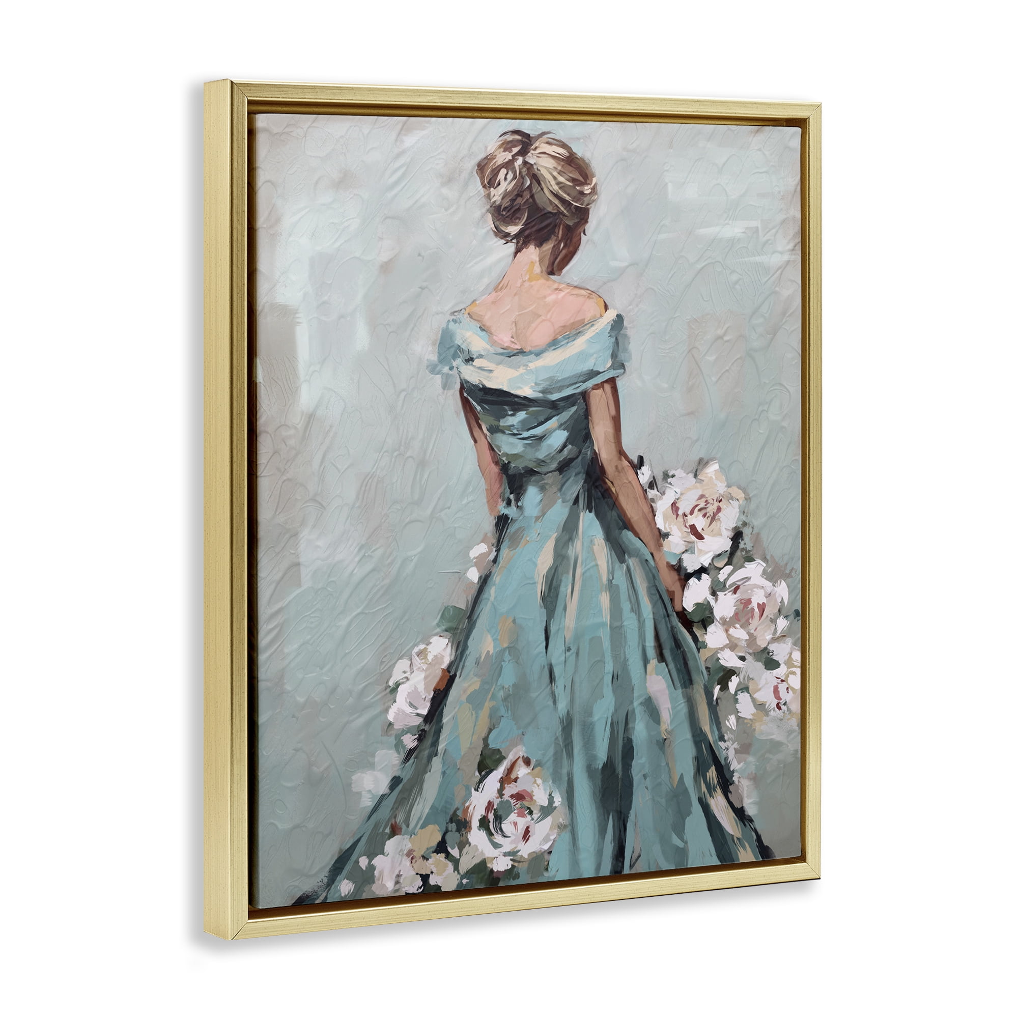 Stupell Industries Floral Woman in Gown Novelty Painting Gold Floater Framed Art Print Wall Art, 25 x 31