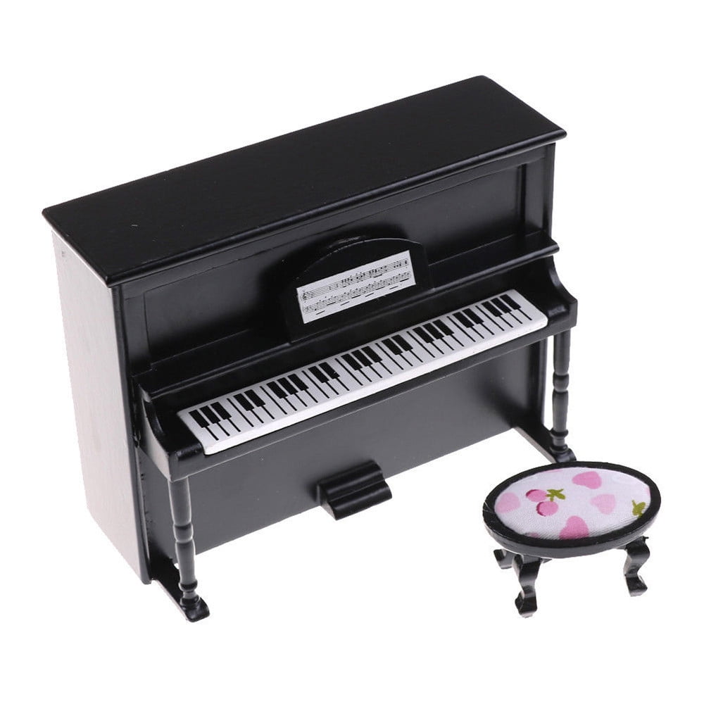 Dollhouse Miniature Furniture Wood Black Piano w// Stool for 1:12 Scale