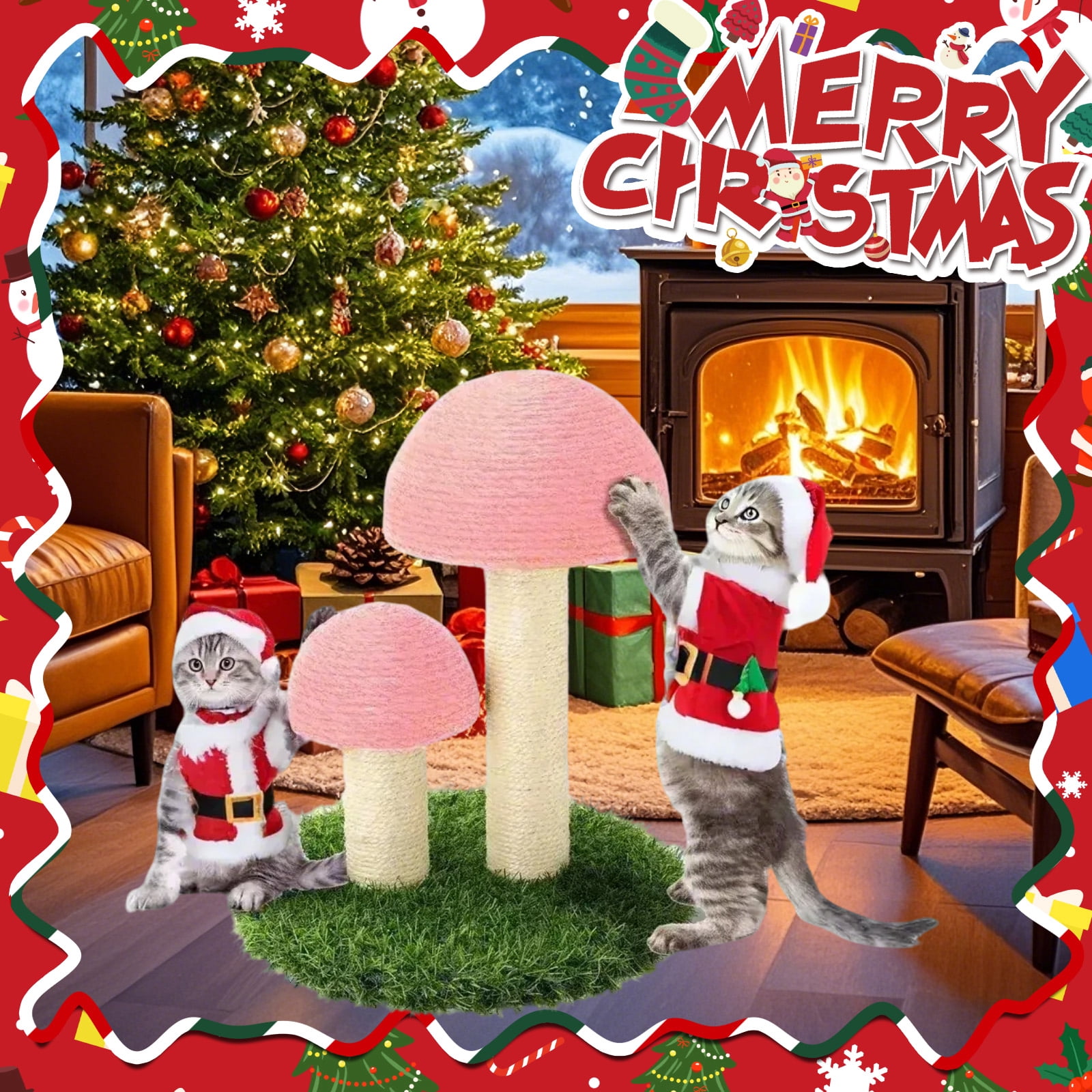 ShellKingdom 16.5'' Cat Scratching Post, Natural Sisal Claw Scratchers for Kittens Small Cats, Mushrooms Cat Interactive Toys, Pink