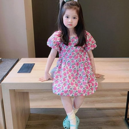 

Malisata Girls Summer Korean Bubble Sleeve Floral Sweet Dress Gentle Temperament Floral Princess Dress