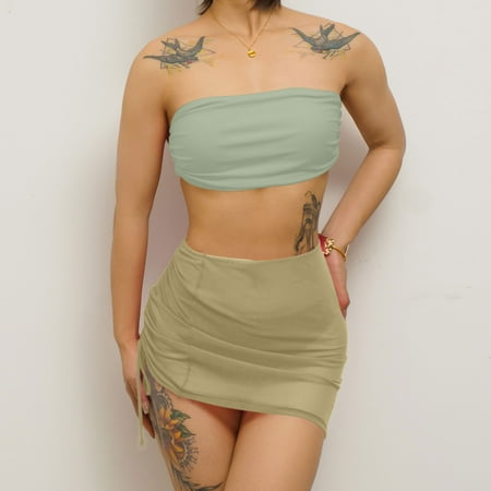 Aobny Seamless Women s Swimsuit Sets 3 Piece Green with Skirt Swimwear Sets Briefs Bandeau Bikinis Vintage Tops S