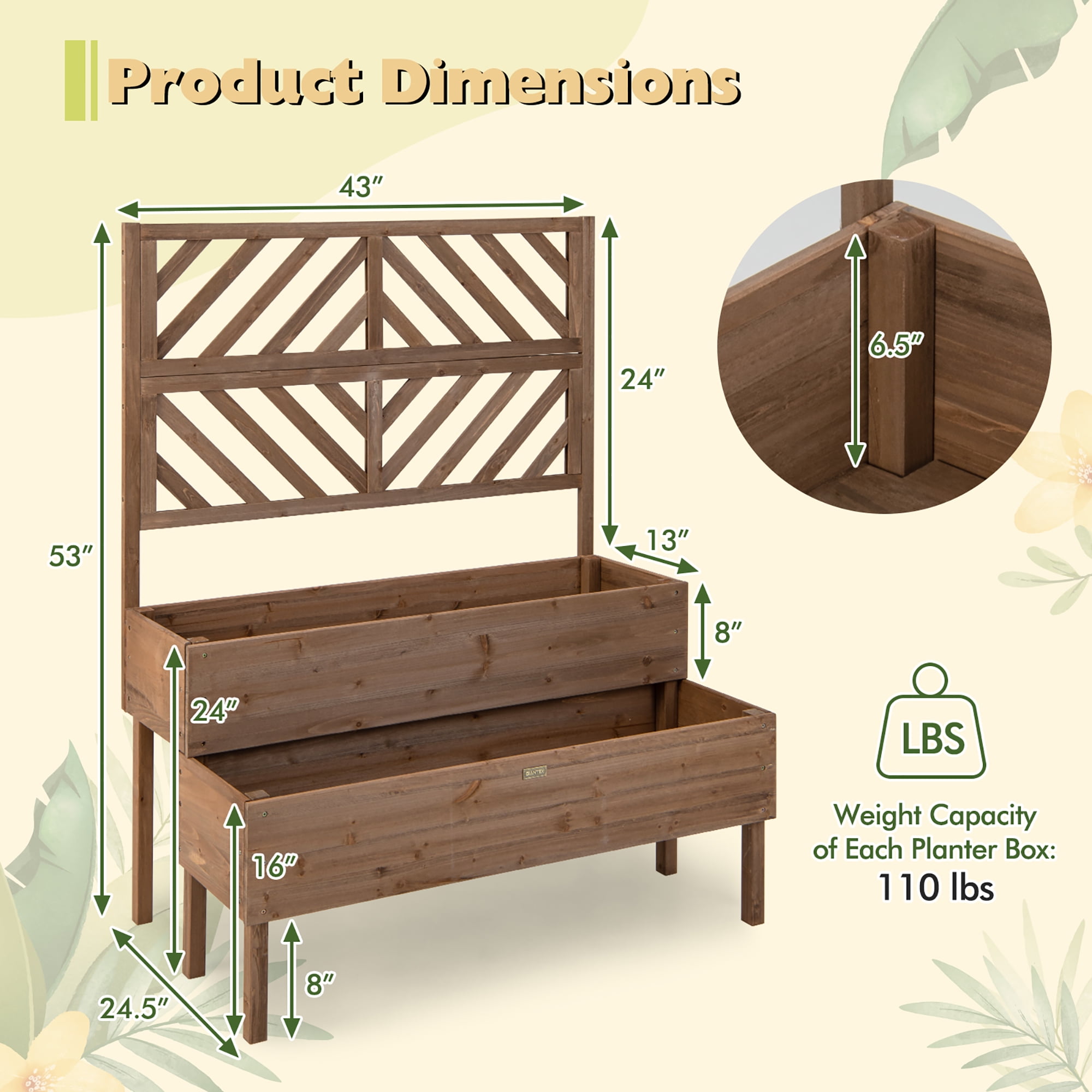 Costway 2-Tier Raised Garden Bed with Trellis Wooden Elevated Planter Box for Vegetables