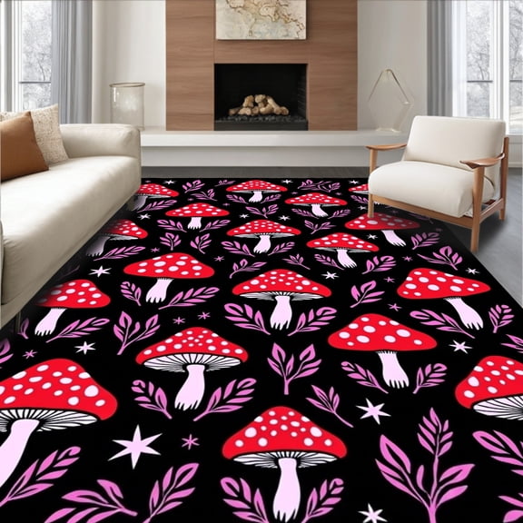 ODIKA 4'x6' Machine Washable Non-Slip Area Rug, Enchanted Forest Mushroom Starlight Botanical Wonderland High Traffic Rug, Red, 677308