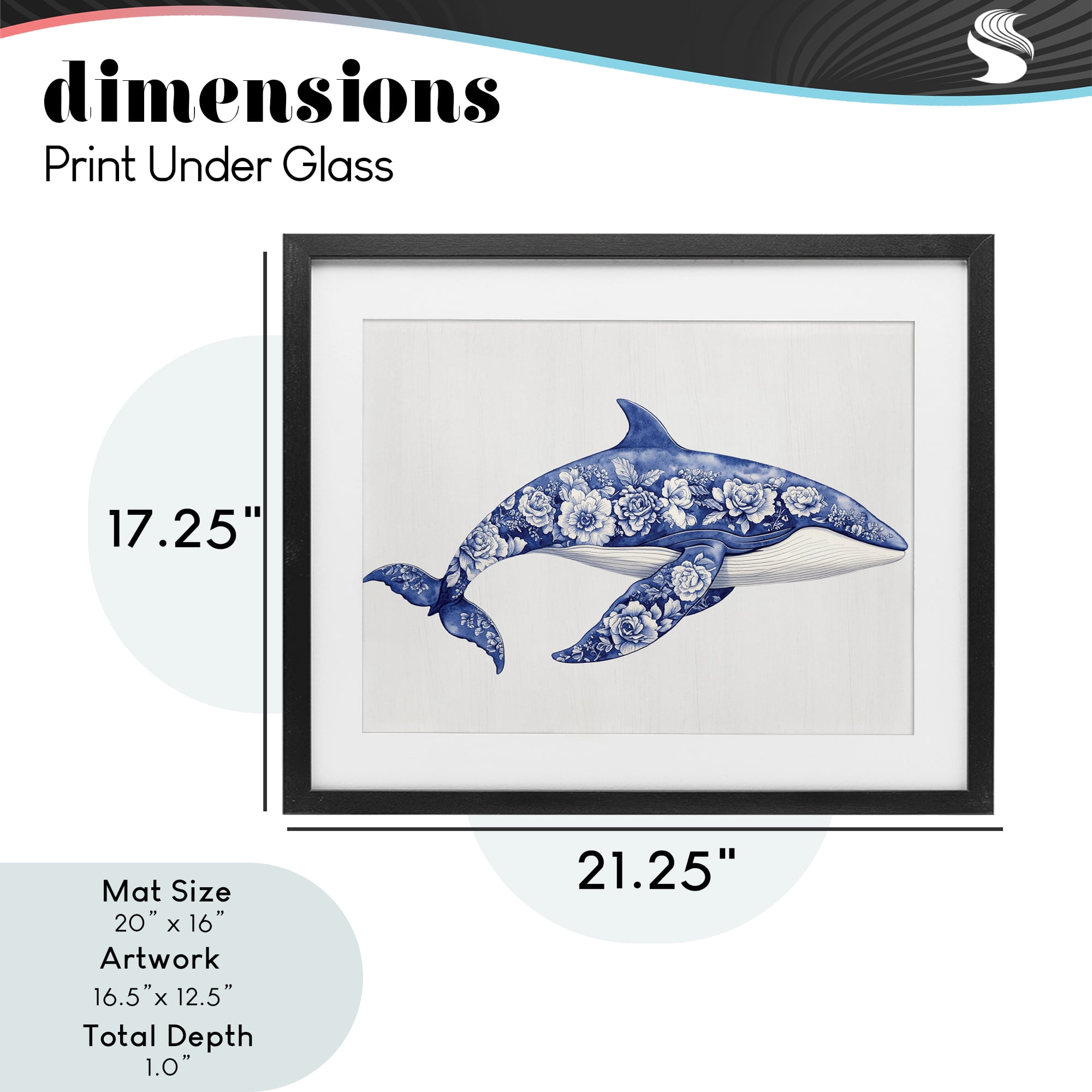 Floral Toile Whale Black Framed Print Under Glass, design by Lettered and Lined