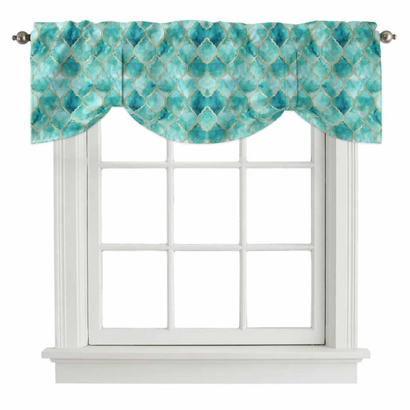 Teal Geometric Tie Up Valance Curtains for Windows, Kitchen Curtains Window Shades, Modern Morocco Abstract Art Light Filtering Roman Curtain Valances for Bedroom/Bathroom/Cafe 54"x18"