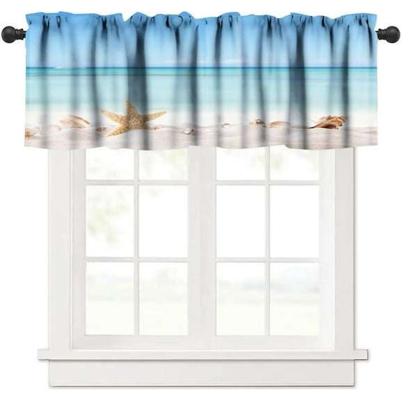 Hawaiian Curtains Starfish Seashells Theme Ocean Beach Sand Blue Sky Curtain Valance Kitchen Bedroom Decor Rod Pocket 54"x18"