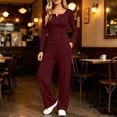 thumbnail image 6 of Feancey 2 Piece Sets for Women Tracksuit Outfits Button Up V Neck Long Sleeve Top and Sweatpants Sweatsuits Set Solid Color Lounge Two Piece Sets with Pockets Wine L, 6 of 9