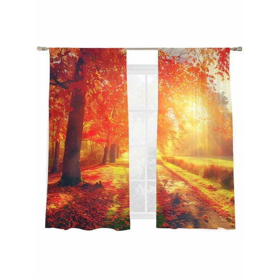 Fall Sunset Sheer Curtains 63 inches Long 2 Panels Set Forest Red Leaf Autumn Tiers Sheers Rod Pocket Small Window Short Curtains for Kitchen Cafe, Each 52" W x 63" L