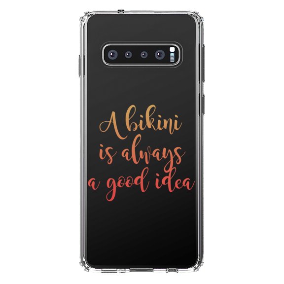 DistinctInk Clear Shockproof Hybrid Case for Samsung Galaxy S10  PLUS (6.4" Screen) - TPU Bumper Acrylic Back Tempered Glass Screen Protector - A Bikini is Always a Good Idea