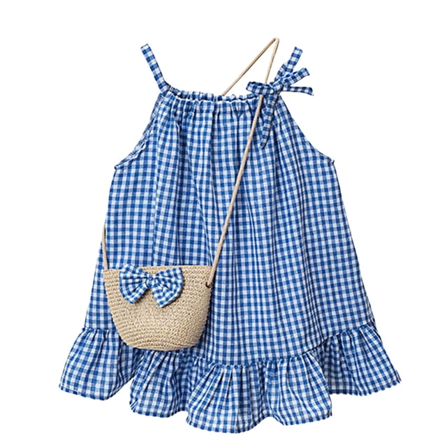 Wxirdiow Tulle Robe en pour Fillette, Robe d'Été Confortable et Respirante pour Filles, Robe à la Mode et Décontractée avec Sac, Bleu, Taille 2-3 Ans