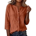 thumbnail image 2 of Duoif Women's V Neck Button 3/4 Sleeve Linen Blouse Loose Fit Solid Color Summer Top 2026, Burgundy, L, 2 of 7