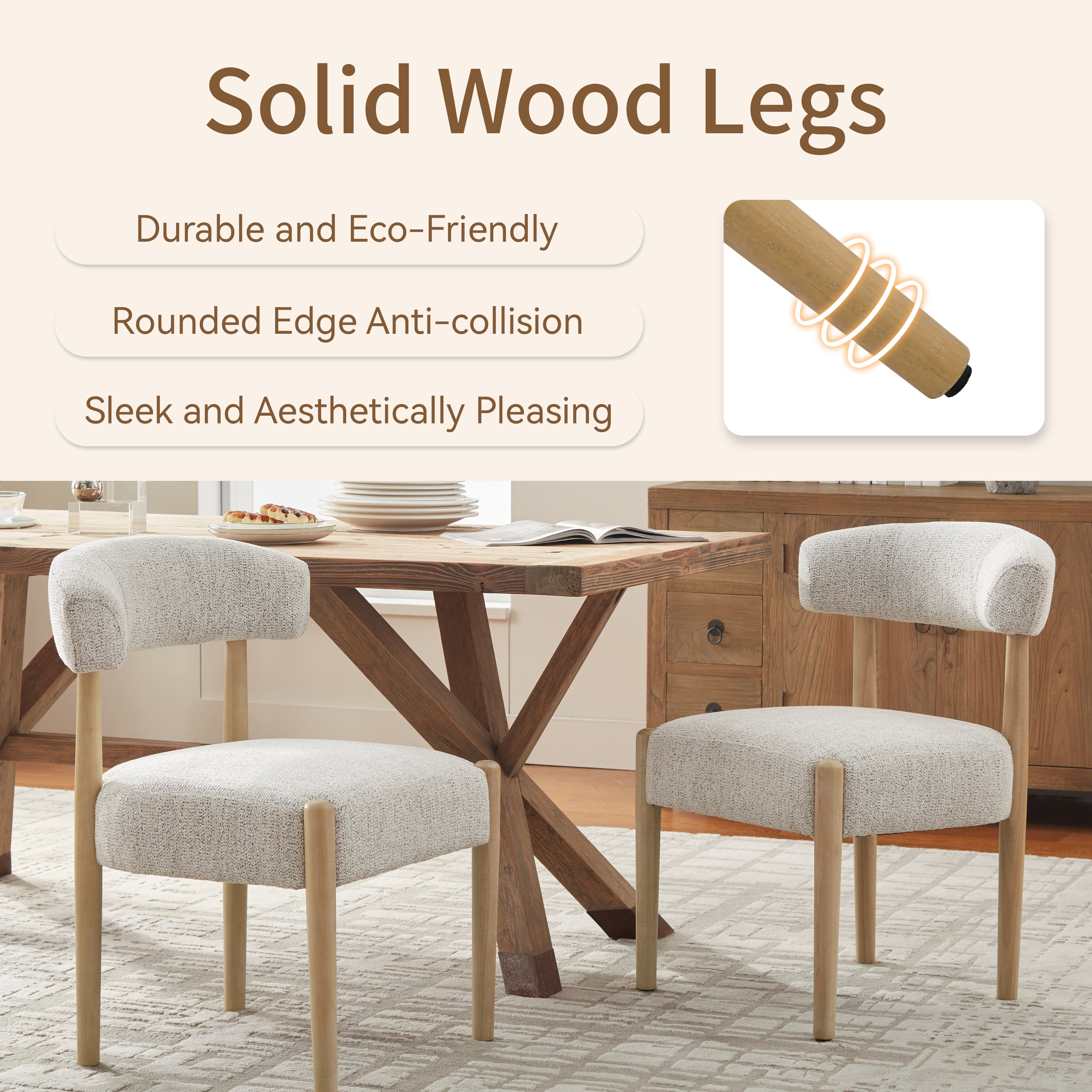 Vknow Furniture Minimalist Fabric Dining Chairs Set of 2 Solid Wood Legs Ergonomic Backrest for Dining Room Bedroom Study, Beige