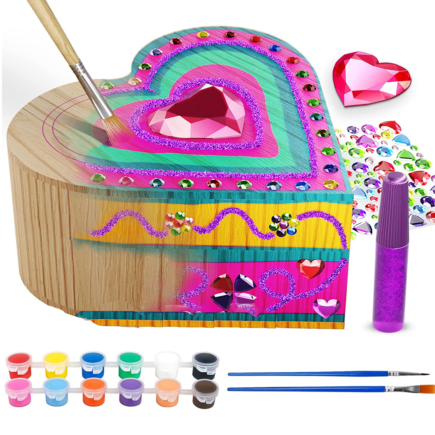 SUORFOXS Paint Your Own Wooden Kids Heart Treasure Box Kit Art Kits
