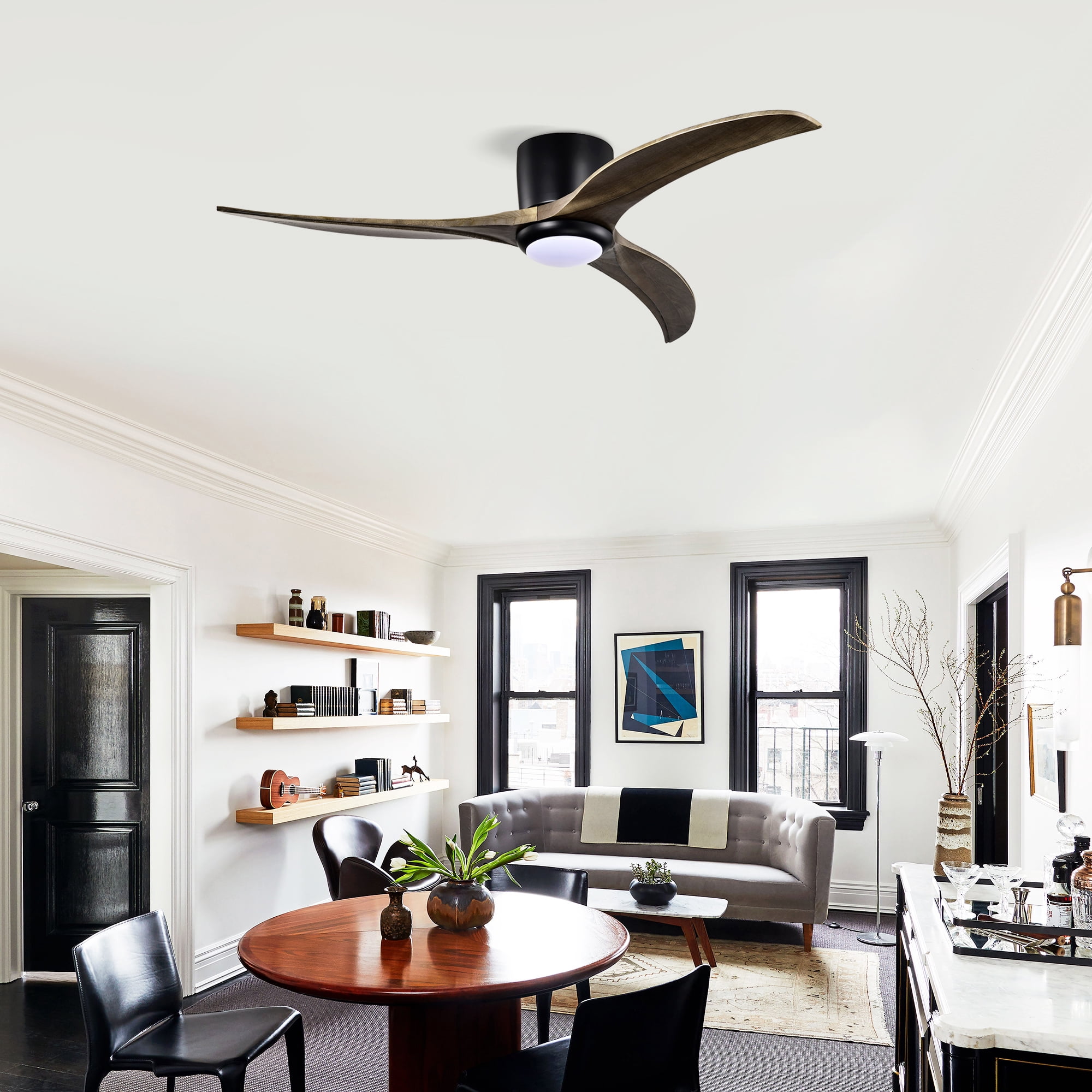 52 Inch Flush Mount Ceiling Fan, Solid Wood Blades Ceiling Fan with Light with Remote Control for Patio, Matte Black