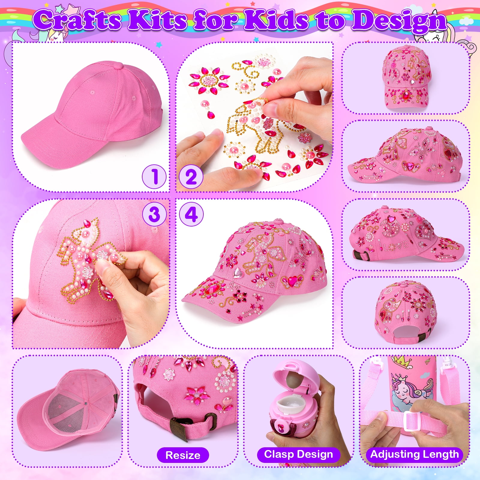 Pearoft Kids Gift for Girls Age 5 6 7 8 9 10 11 Years Old Birthday Presents for Kids, DIY Water Bottle and Baseball Cap Crafts Set for 6+ Girls Decorate Your Own Water Bottle with Glitter Gem Stickers
