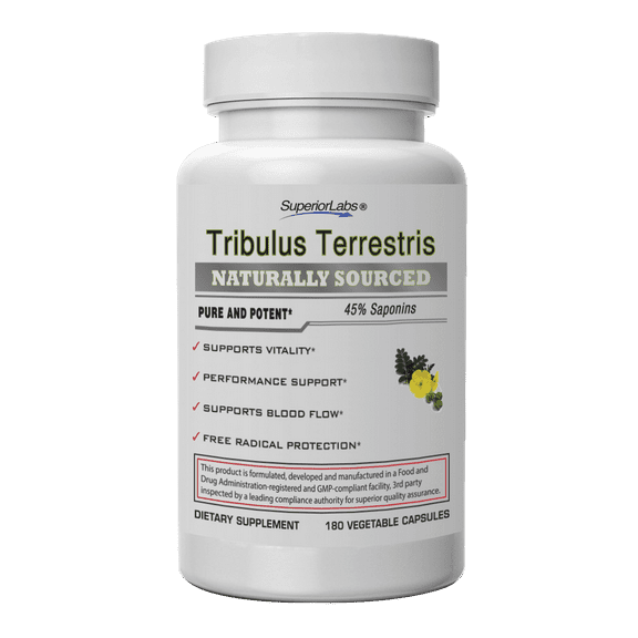 Tribulus Terrestris - Testosterone Booster Cortisol Blocker with 45% Steroidal Saponins, 1500mg Dosage, 180 Vegetable Caps - Supports Vitality and Performance - with Added BioPerine®