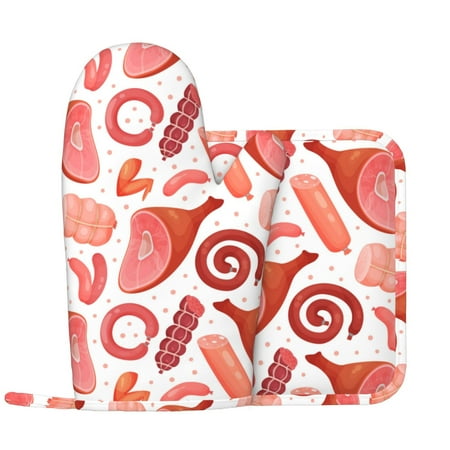 

Bacon Ham print Oven Mitts and Pot Holders Sets with 1 Non-Slip Left Silicone Oven Mitts and 1 Heatproof Insulated Hot Pads for Kitchen Use in Cooking Baking Grilling