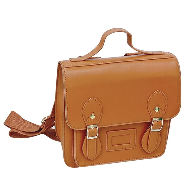 School Backpack Fashion Vintage Flap Cover Top Handle Bag Messenger Bag for Kids in a brown faux leather material. The bag features a flap cover with two buckle-style closures, a top handle, and an adjustable shoulder strap. Its compact size of 23x9x24cm makes it suitable for holding books, toys, and snacks. Ideal for school, shopping, travel, and other outdoor activities.