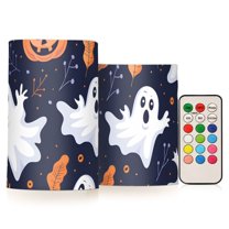Ghosts Halloween Flameless Candles LED Lights Battery Operated Candles with Remote and Timers Flicker Lights Votive Set of 2
