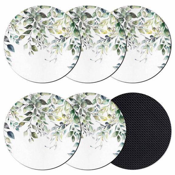 Eucalyptus Leaves Coasters Set of 6, Soft Absorbent Coasters for Drinks, Watercolor Weeping Teal Botanical Non-Slip Cup Coaster Mat with Rubber Bottom for Home Kitchen Desk Coffee Bar Table Decor 4"