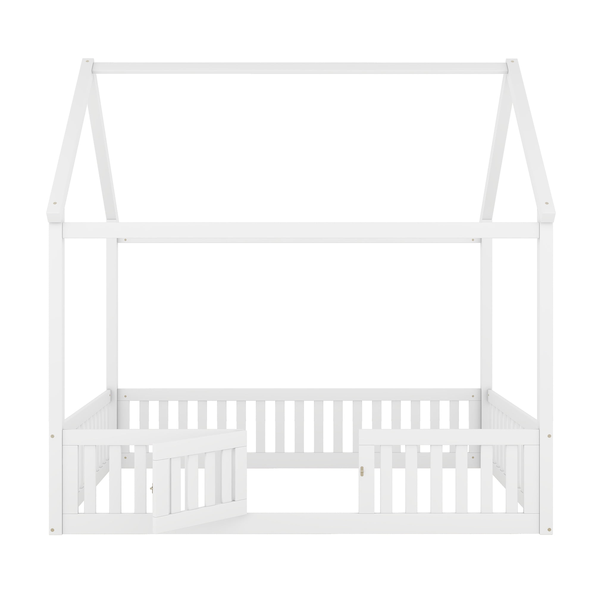 Harper & Bright Designs Full Size Floor House Bed, Wood Montessori Bed with Fence & Door, Full House Bed with Roof for Girls & Boys, White