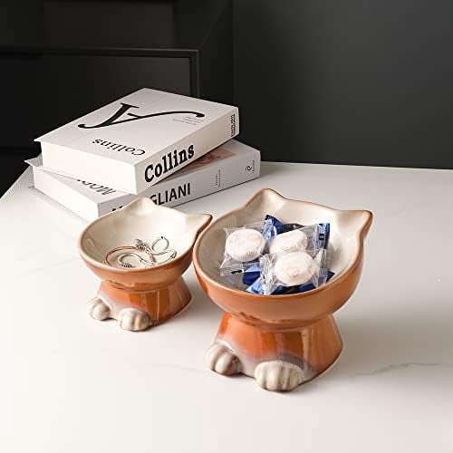 Elevated Cat/Dog Bowls Set : 5 Inch Ceramic Raised Cat Food & Water Bowl Set for Protecting Pet's Spine - Feeding & Watering Supplies for Pets - Elegant Brown (2 PC)