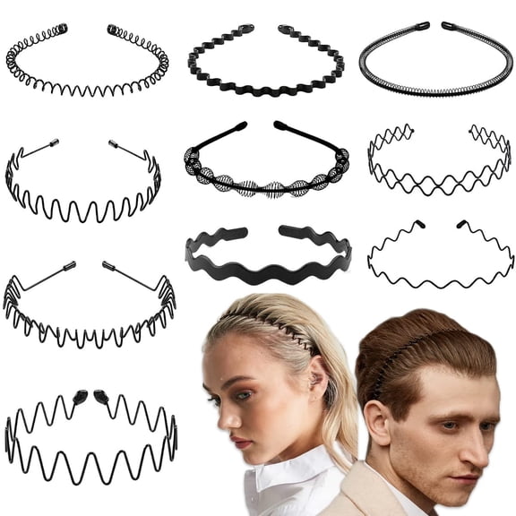 10 Pieces Metal Headband for Men and Women Adjustable Unisex Wavy Hair Band Non-slip Metal Plastic Hair Hoop for Long Curly Hair Home,Outdoor,Sports and Yoga Accessories(Style A)