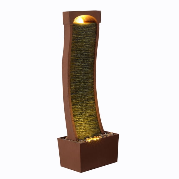 Teamson Home 38.5" Indoor/Outdoor Modern Curved Faux Slate Waterfall Fountain with LED Lights, Red Rock