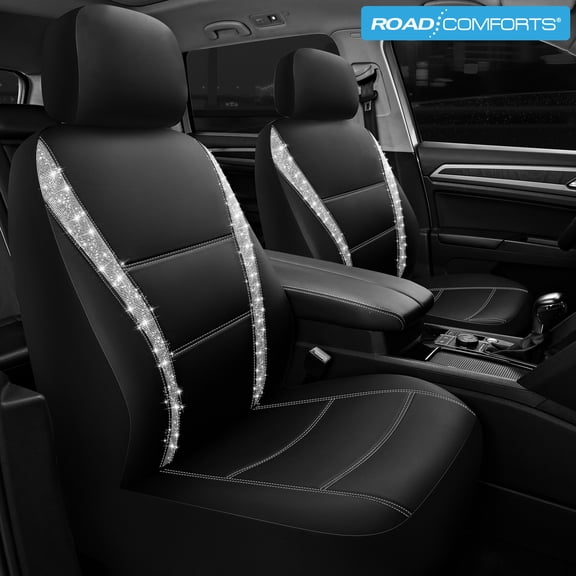 Road Comforts Leather Embossed Strass Car Seat Cover,Stylish, Comfortable,Durable, Easy Install,Universal Fit for Cars and SUVs Sliver