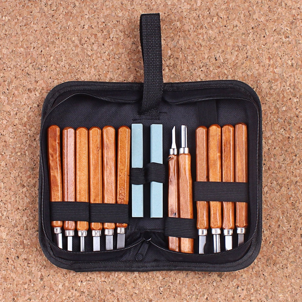 QIFULL Carving Chisel Tool Set with Brown Wooden Handle for Pine Hickory and Poplar Wood
