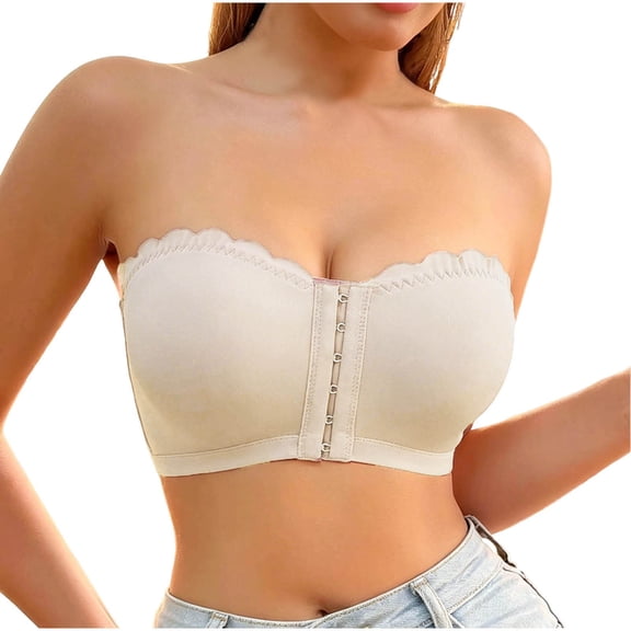 Lopecy-Sta Bras for Women Strapless Bandeau Bra With Front Closure Removable Pads Underwire Support