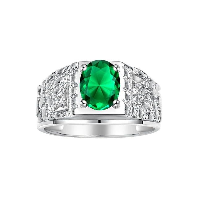 RYLOS Men's Rings Sterling Silver Designer Nugget Ring Oval 9X7MM Gemstone & Diamonds Emerald May Birthstone Rings For Man Size 13