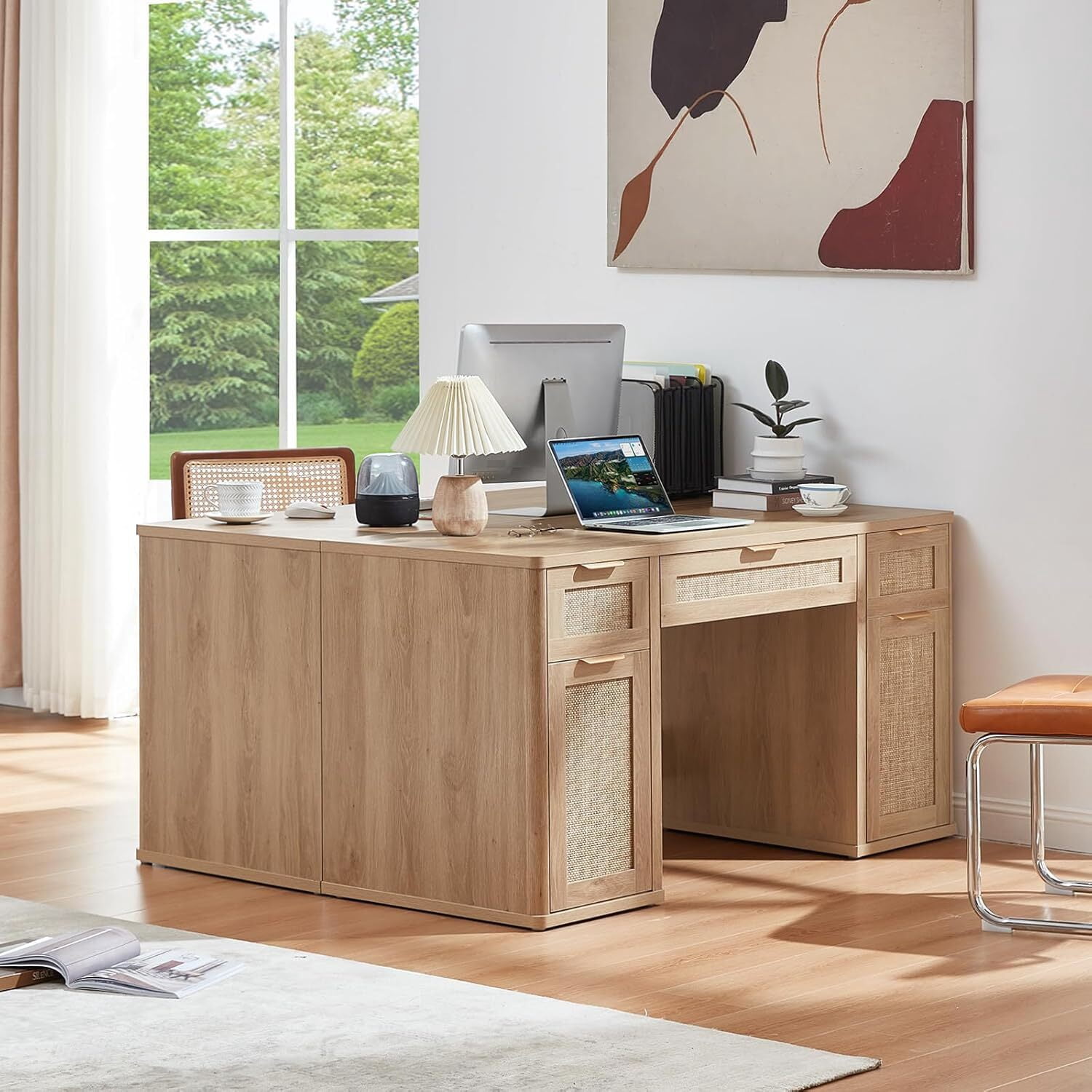 LEYAOYAO Office Desk 56" with 5 Drawers Storage File Cabinet Rattan Wood Desk for Computer Office Bedroom Home Furniture Natural Oak
