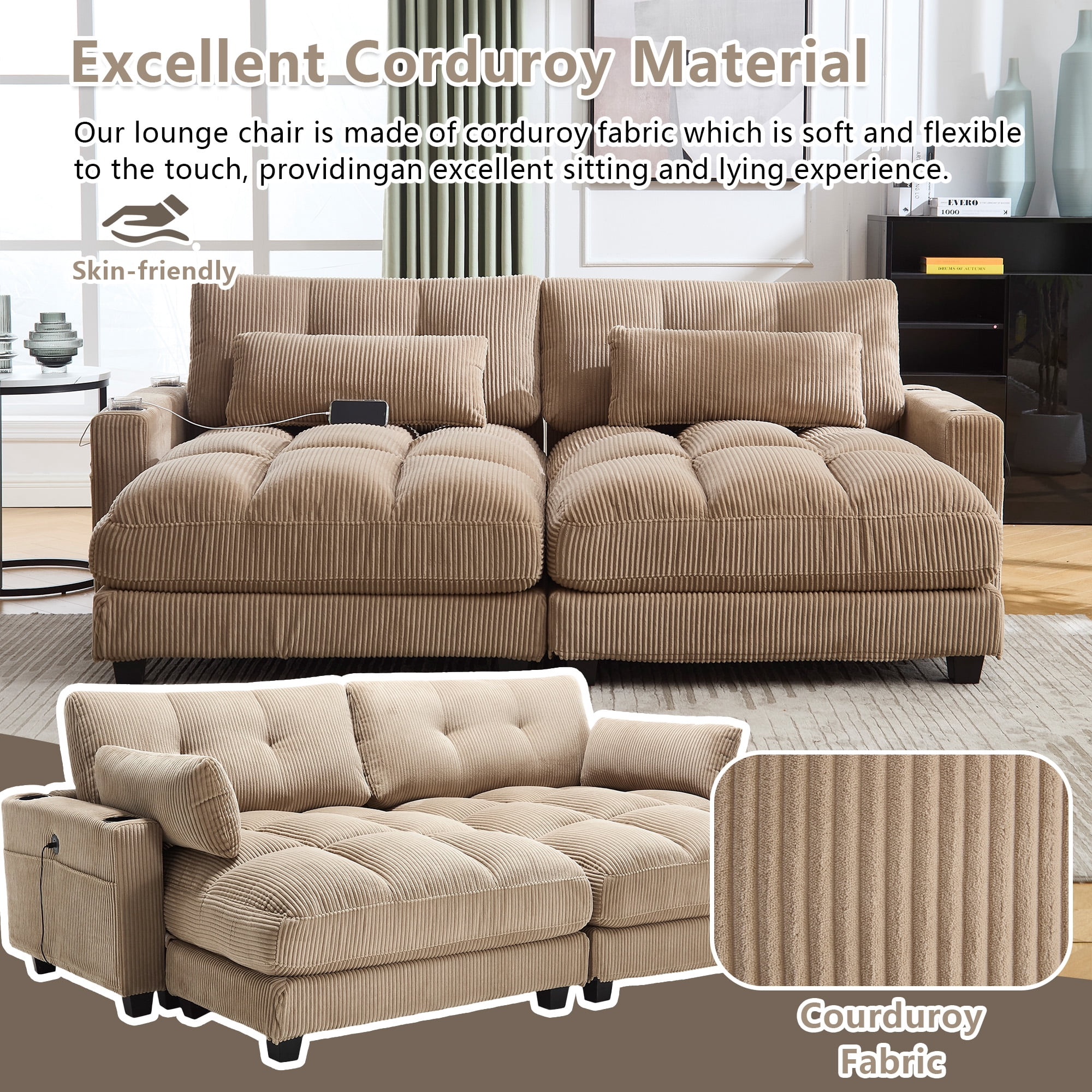 MOONMISS Corduroy Upholstered Soft Deep Seat Sleeper Loveseats Sofa with USB,Type-C&Cup Holders-Khaki