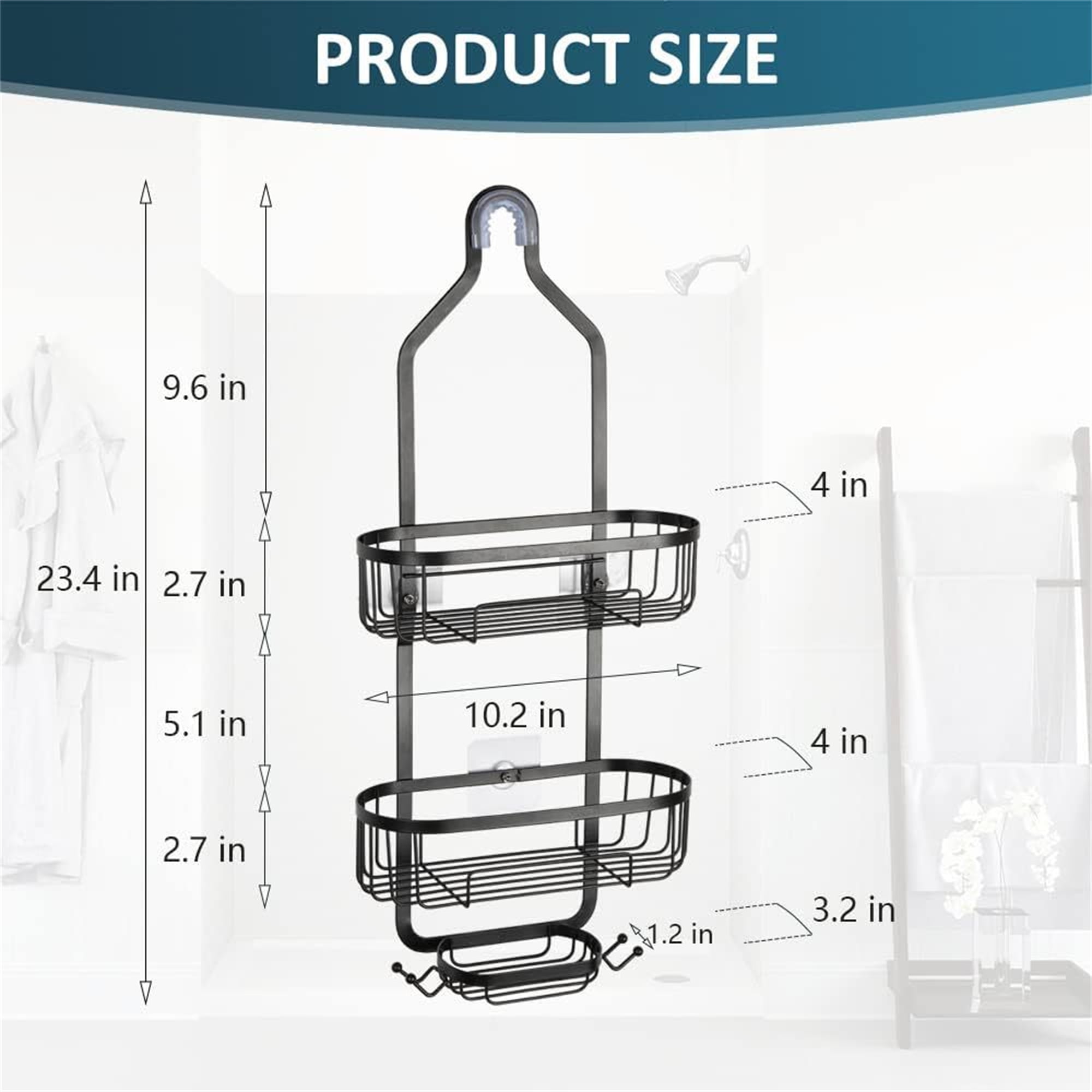 Shower Caddy Hanging, Rustproof Shower Shelf Rack for Inside Shower with Hooks for Razor, Bathroom Organizers and Storage with Soap Holder, No-Drill Shower Storage, Black