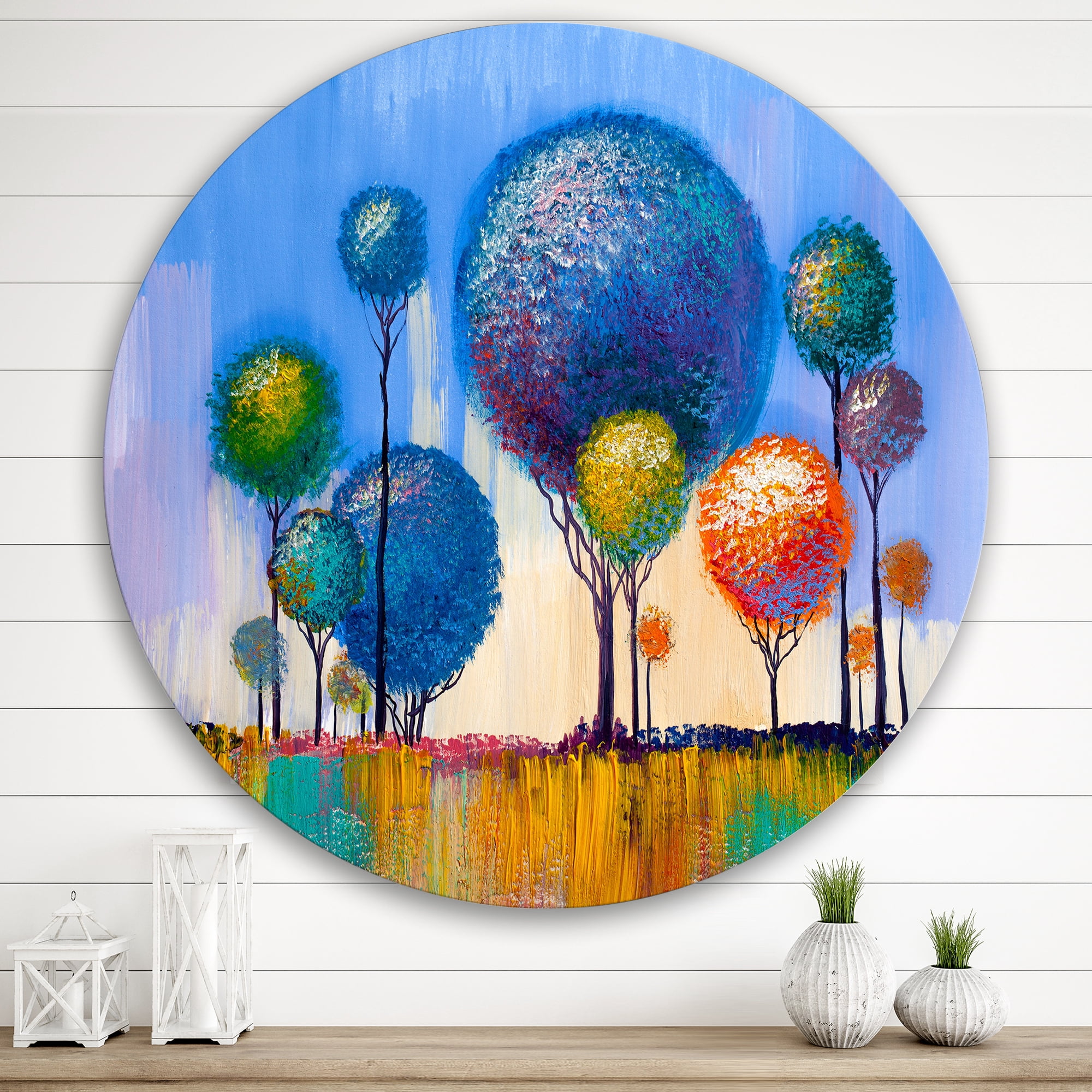 Designart 'Colourful Landscape Trees Impressionist I' Modern Circle Metal Wall Art 36x36 - Disc of 36