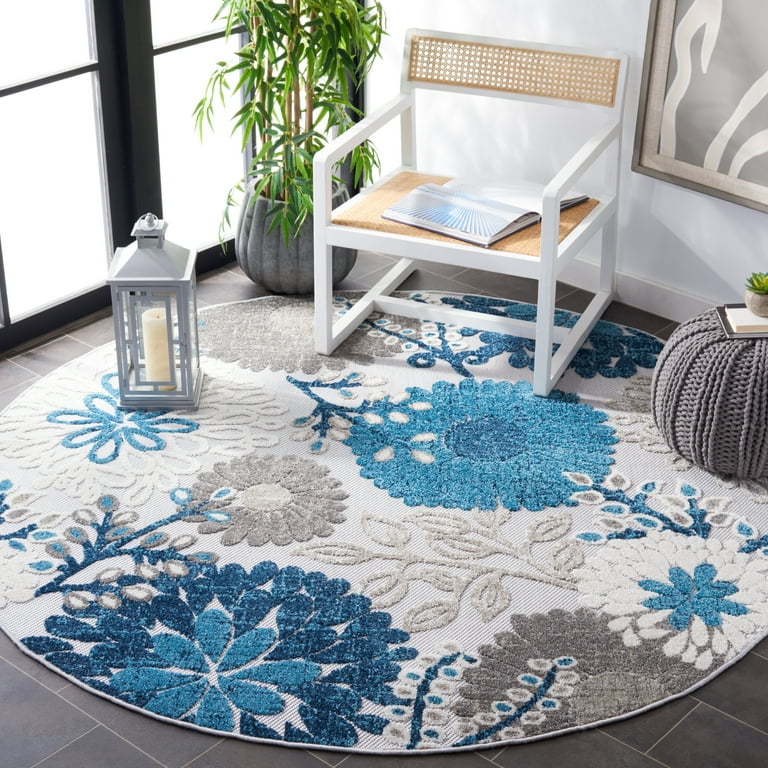4' Round Blue And Gray Round Floral Indoor Outdoor Area Rug 4' Round Blue And Gray Round Floral Indoor Outdoor Area Rug