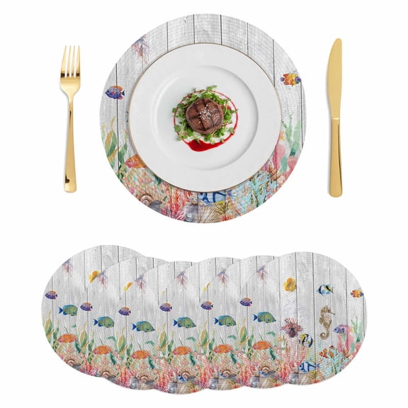 Seahorse Coastal Round 15 Inch Placemats Set of 6, Nautical Ocean Summer Beach Coral Wooden HeatResistant Non Slip Place Mats for Dining Table, Wipeable Braided Kitchen Table Mats for Housewarming