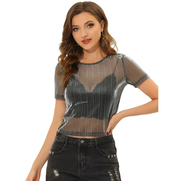 INSPIRE CHIC Mujer Sexy Chaleco Camiseta de Manga Corta CamiINSPIRE CHICransparente Chaleco Camisa de Malla brillante Negro XL